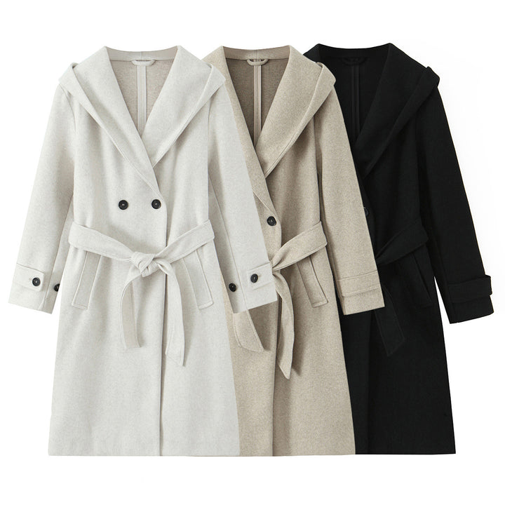 Women's Longer Tailored Coat with Hood, Tie Belt and Double-Breasted Button Placket Mune Fashion