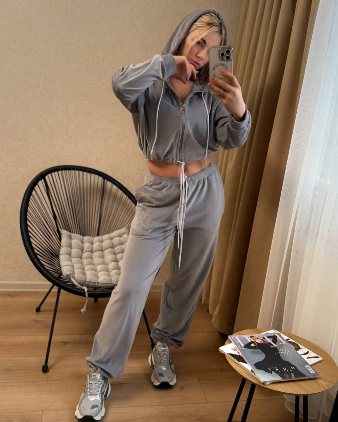 Women's Velvety Cropped Zip Hoodie Set with Drawstring Waist and Wide Lounge Sweatpants Mune Fashion
