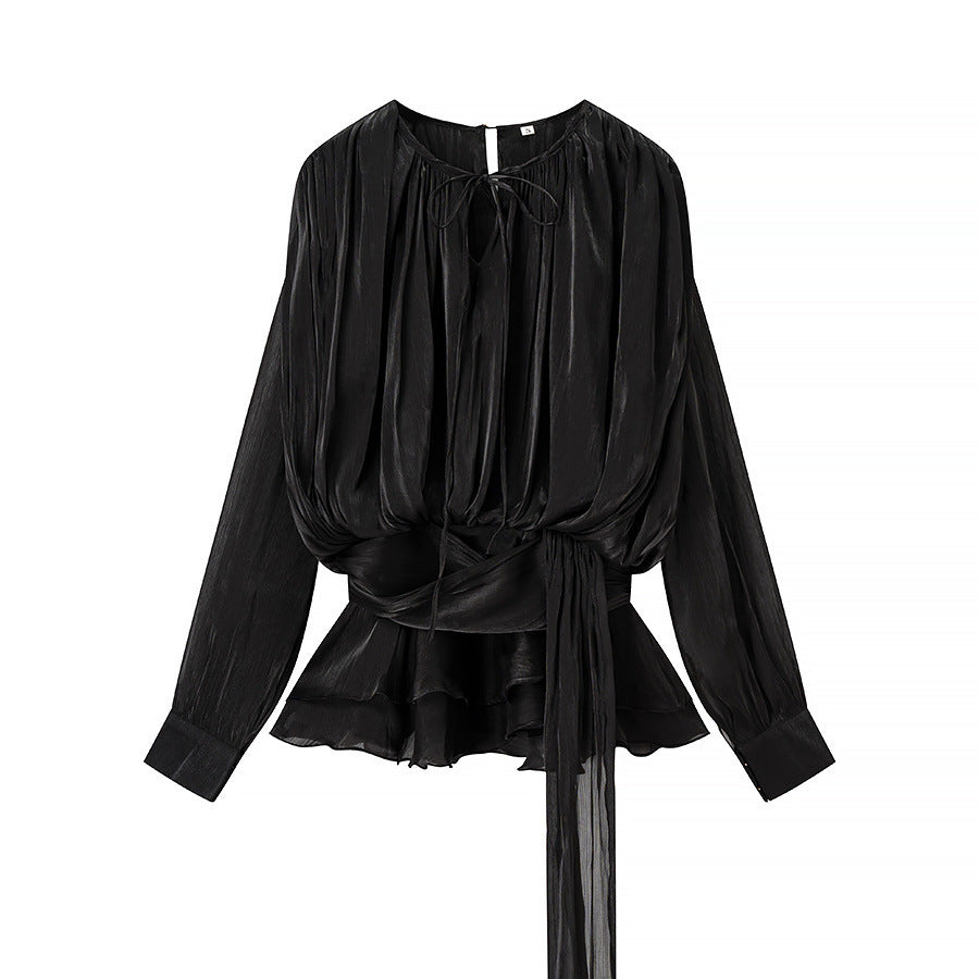 Women's chiffon blouse with draped corset look, ruffled peplum and tie belt Mune Fashion