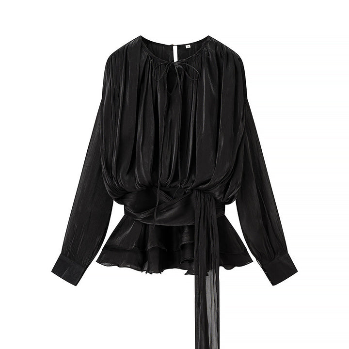 Women's chiffon blouse with draped corset look, ruffled peplum and tie belt Mune Fashion