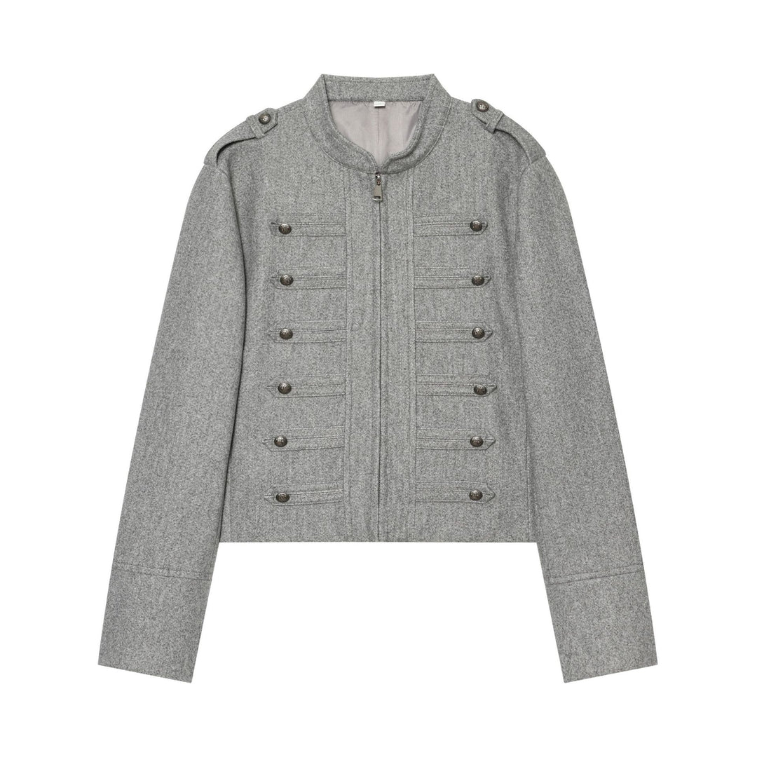 Women's military-inspired wool jacket with stand-up collar zipper and decorative button placket Mune Fashion