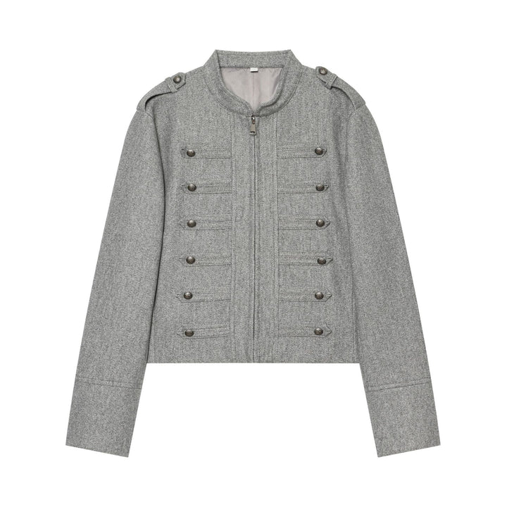Women's military-inspired wool jacket with stand-up collar zipper and decorative button placket Mune Fashion