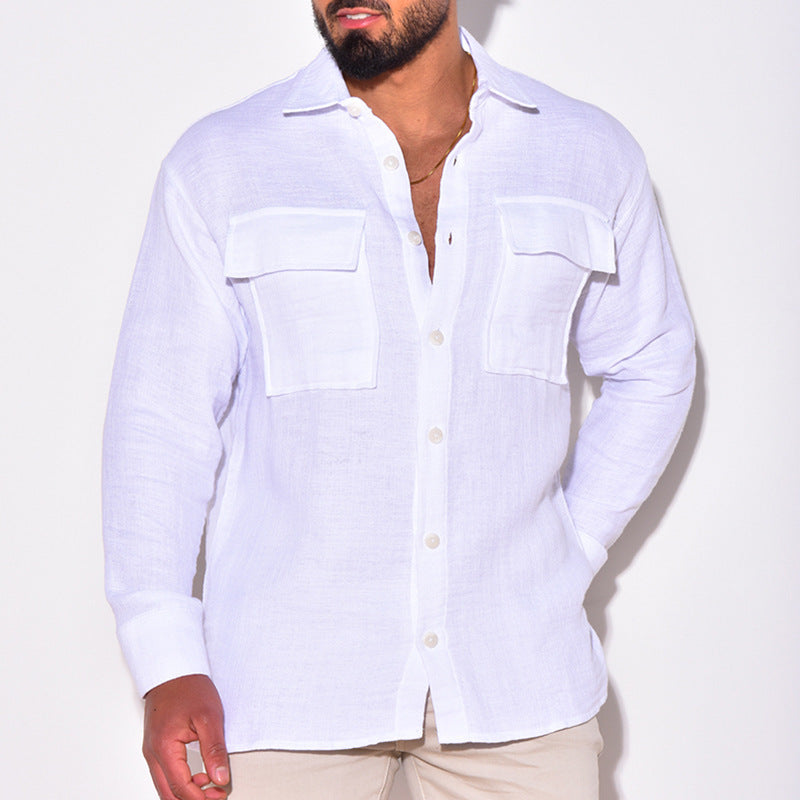 Men's Lightweight Linen Shirt with Chest Pockets and Full Button Placket Mune Fashion
