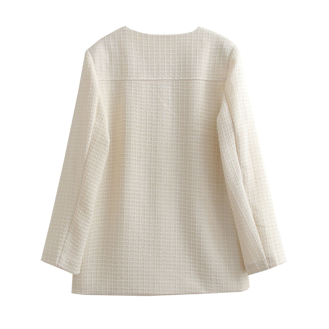 Women Bouclé-Tweed Blazer Jacket with Round Neck and Patch Pockets Mune Fashion
