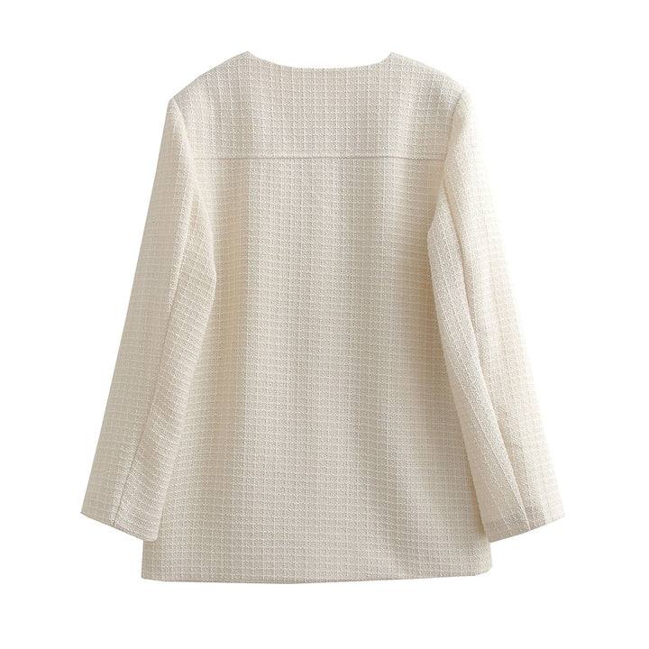 Women Bouclé-Tweed Blazer Jacket with Round Neck and Patch Pockets Mune Fashion