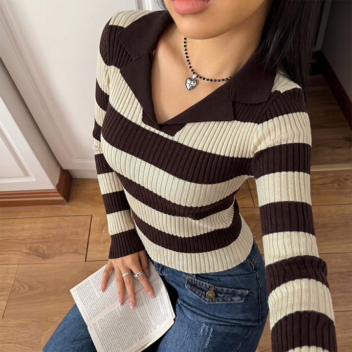 Women Elegant Knitted Blouse with Modern Collar Mune Fashion