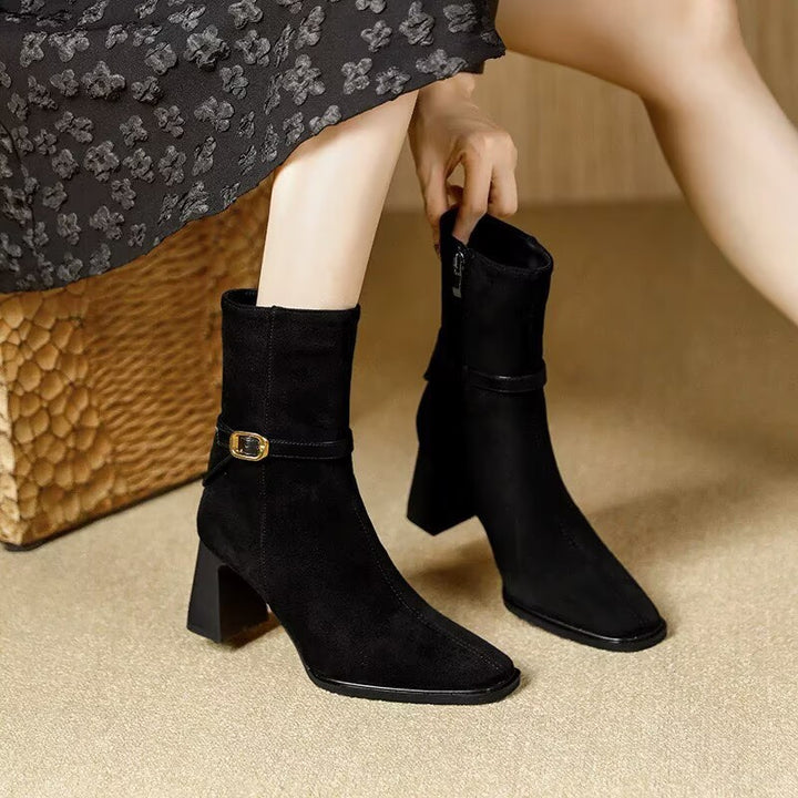 Women's elegant suede ankle boot with medium block heel and decorative buckle strap Mune Fashion