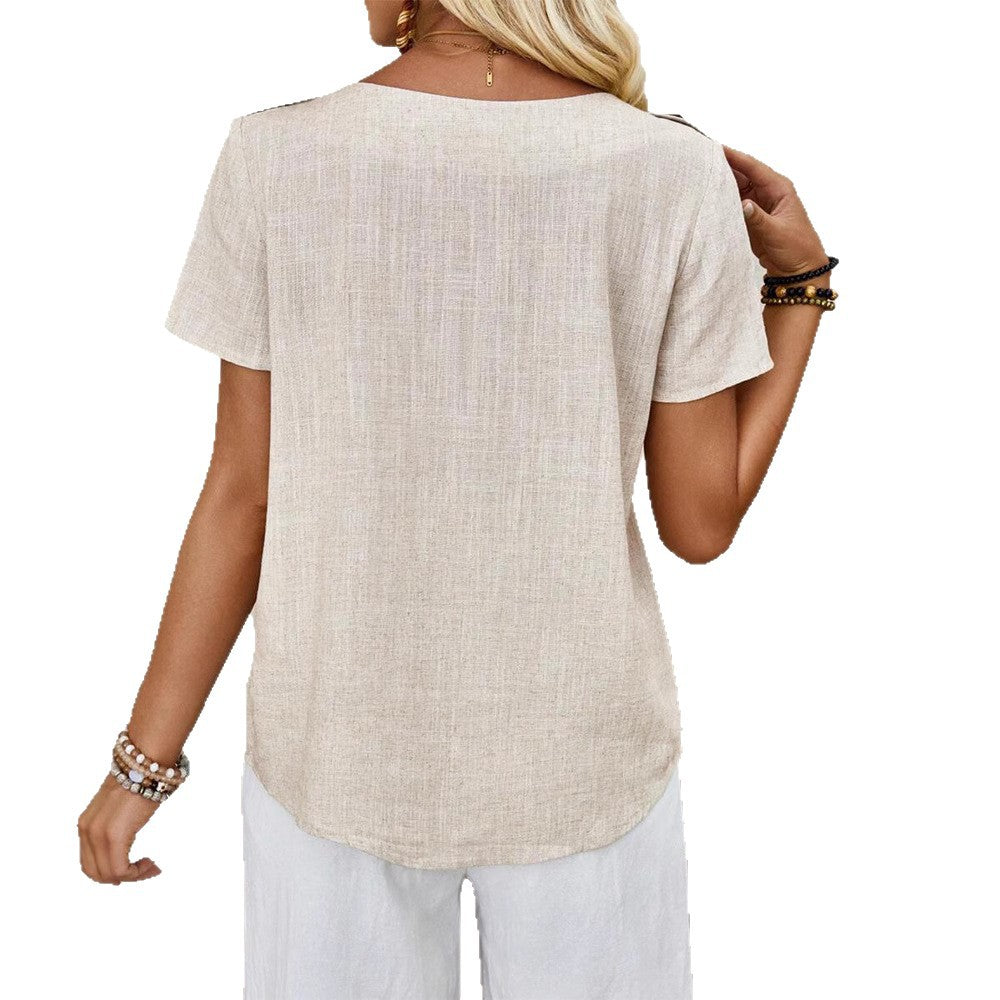 Women's cropped short-sleeve linen-look top with round neck, shoulder button placket, and rounded hem Mune Fashion