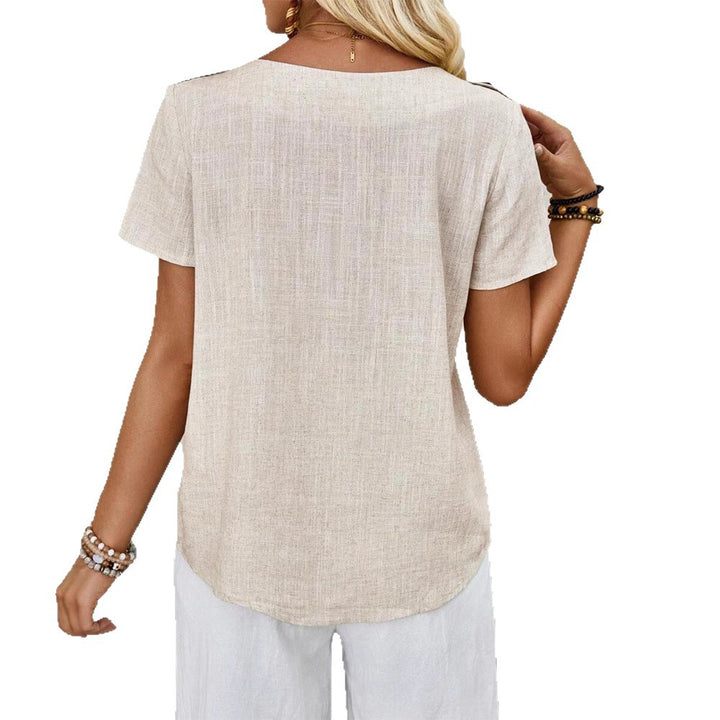 Women's cropped short-sleeve linen-look top with round neck, shoulder button placket, and rounded hem Mune Fashion