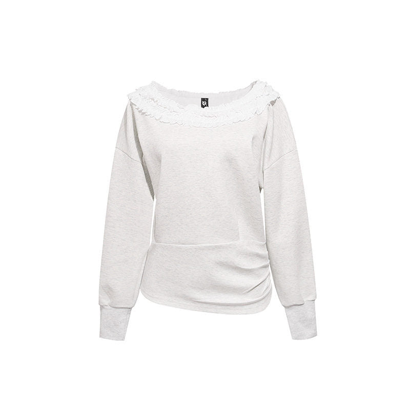 Women's sweatshirt with off-the-shoulder neckline, lace ruffle, and side gathers Mune Fashion