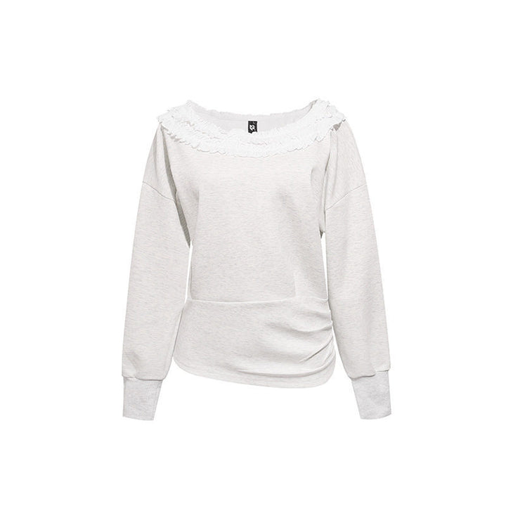 Women's sweatshirt with off-the-shoulder neckline, lace ruffle, and side gathers Mune Fashion