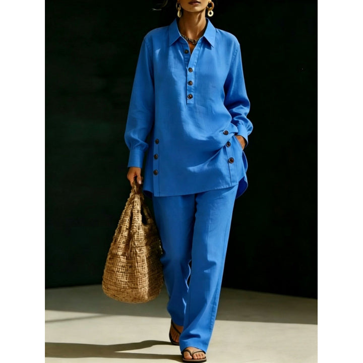 Women two-piece tunic set made of lightweight linen blend with shirt collar and side decorative buttons Mune Fashion