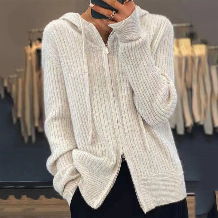 Women's oversized ribbed knit hoodie cardigan with two-way zipper and cashmere blend Mune Fashion