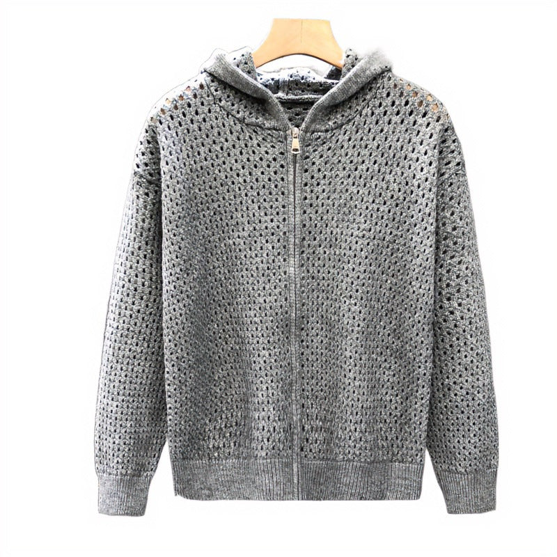 Unisex Light Openwork Knit Hooded Zip Jacket with Eyelet Pattern Mune Fashion