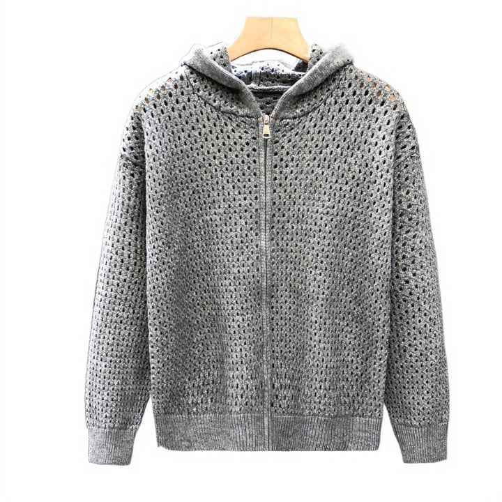 Unisex Light Openwork Knit Hooded Zip Jacket with Eyelet Pattern Mune Fashion
