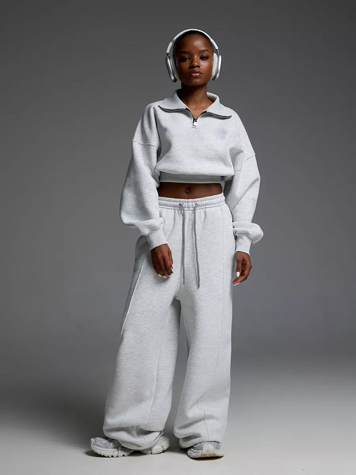 Women's short Half-Zip sweatshirt set with high-waisted wide lounge jogging pants Mune Fashion