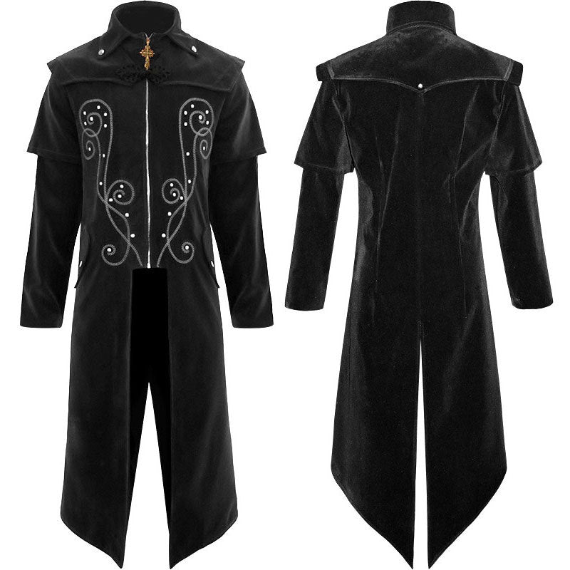 Men's long coat with double-layer shoulder cape, concealed zipper inner lining, and adjustable cuffs