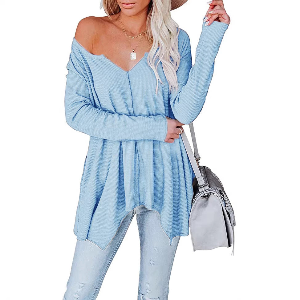 Women's Casual Waffle Knit Tunic Top with V-Neck, Off-Shoulder and Asymmetrical Hem Mune Fashion
