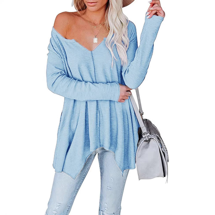 Women's Casual Waffle Knit Tunic Top with V-Neck, Off-Shoulder and Asymmetrical Hem Mune Fashion