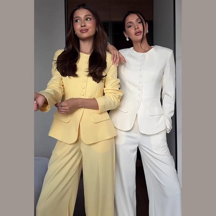 Women's Tailored Blazer with Round Neckline, Decorative Fabric Buttons and Flap Pockets Mune Fashion