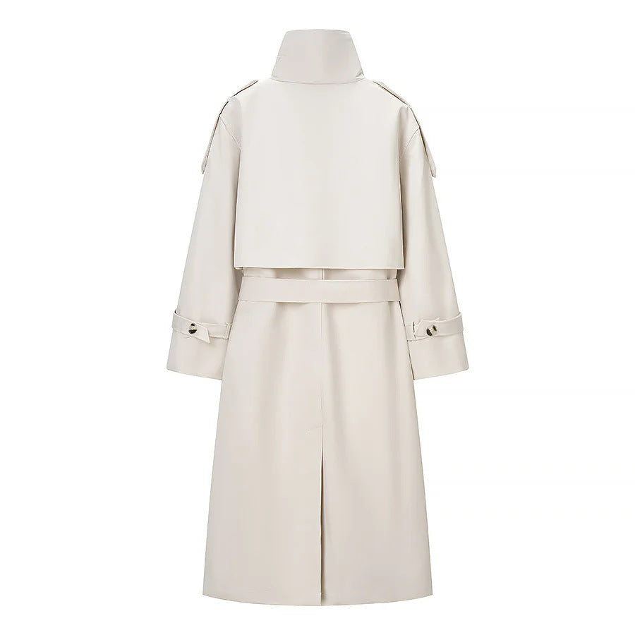 Women's long double-breasted trench coat with high stand collar and tie belt Mune Fashion
