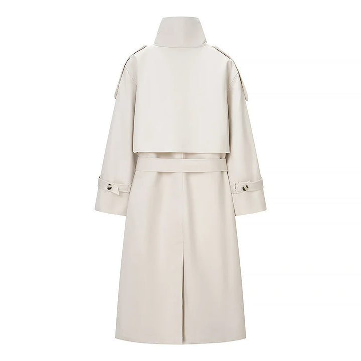 Women's long double-breasted trench coat with high stand collar and tie belt Mune Fashion