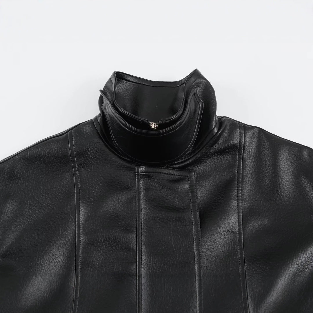 Women Oversize Faux Leather Jacket with High Stand Collar, Patch Pockets and Adjustable Buckles Mune Fashion