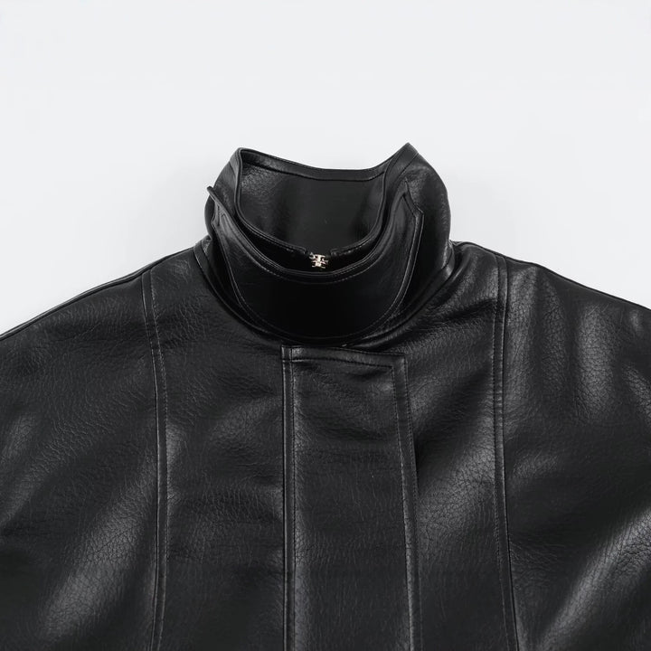 Women Oversize Faux Leather Jacket with High Stand Collar, Patch Pockets and Adjustable Buckles Mune Fashion