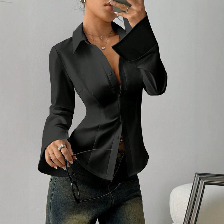 Women's Tailored Satin Blouse with Shaping Seams and Wide Cuffs Mune Fashion