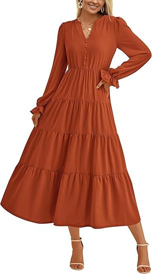 Women's Tiered Midi Dress with V-Neck, Gathered Waist Seam and Ruffle Cuffs Mune Fashion