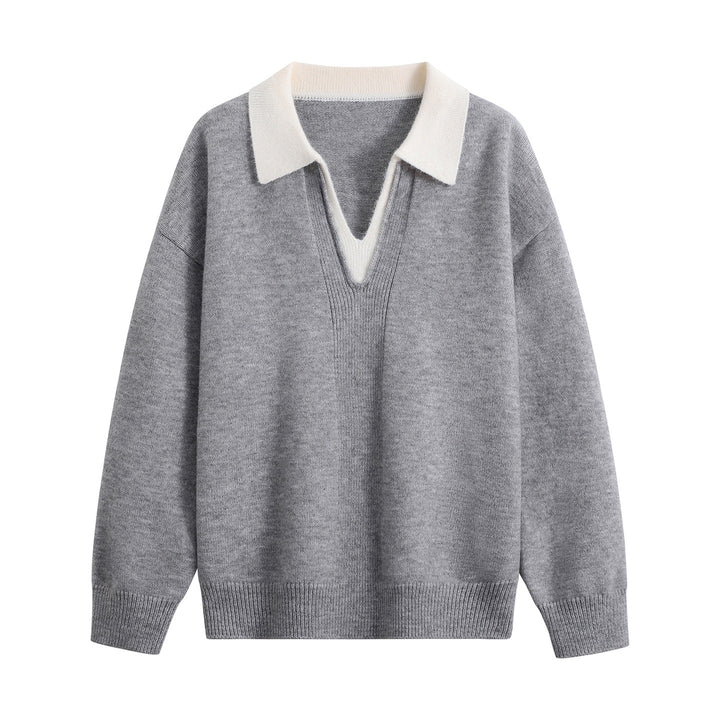Women's Oversize Polo Knit Sweater made of soft wool blend with contrast collar and deep V-neck Mune Fashion