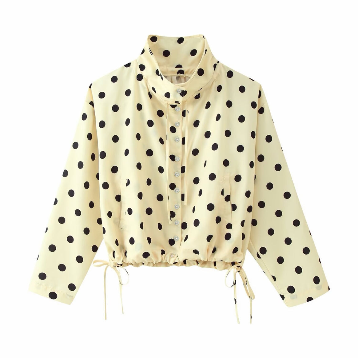Women Polka Dot Short Blouse with Standing Collar, Button Placket and Drawstring Hem Mune Fashion