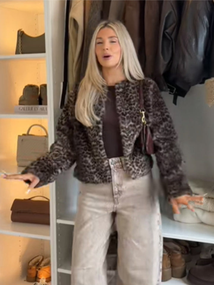 Women Short Cut Faux Fur Blouson with Leopard Print and Boxy Silhouette Mune Fashion