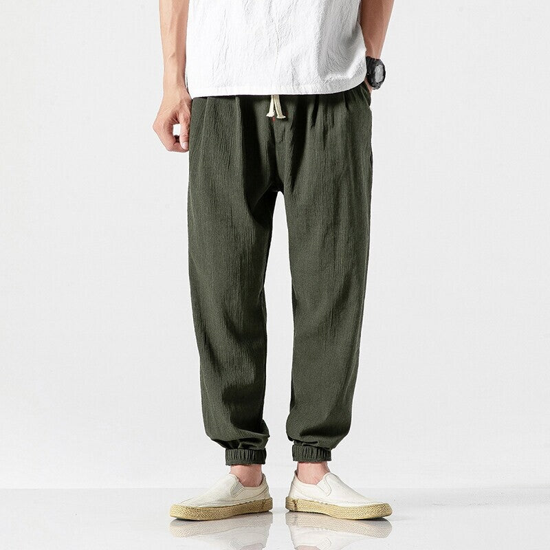 Men's Casual Linen Blend Jogging Pants with Drawstring, Ribbed Textured Fabric and Elastic Cuffs Mune Fashion