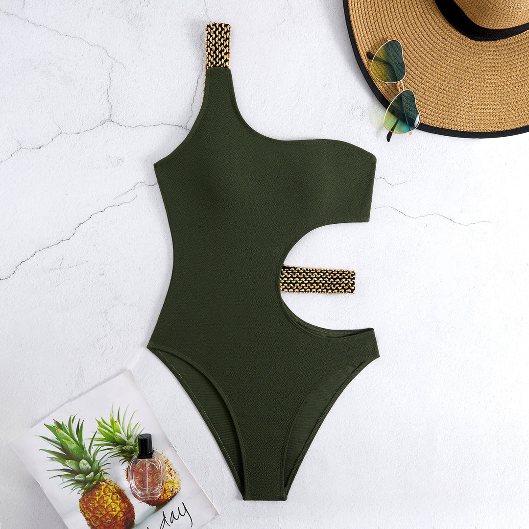 Women One-Piece Swimsuit with Asymmetric Cut-Out and Fashionable Chain Accents Mune Fashion