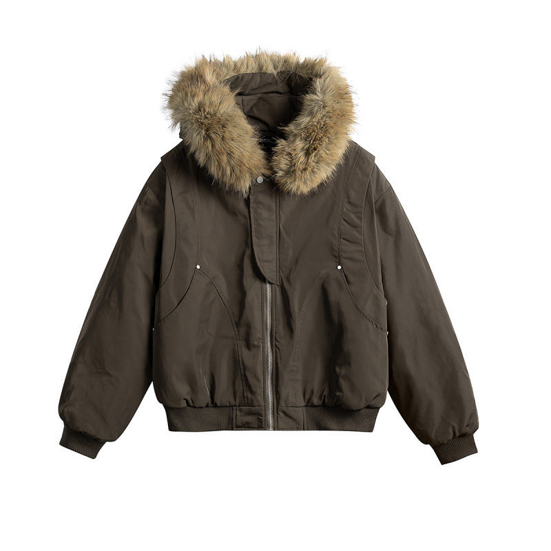 Women's short insulated field bomber jacket with hood and removable faux fur trim Mune Fashion