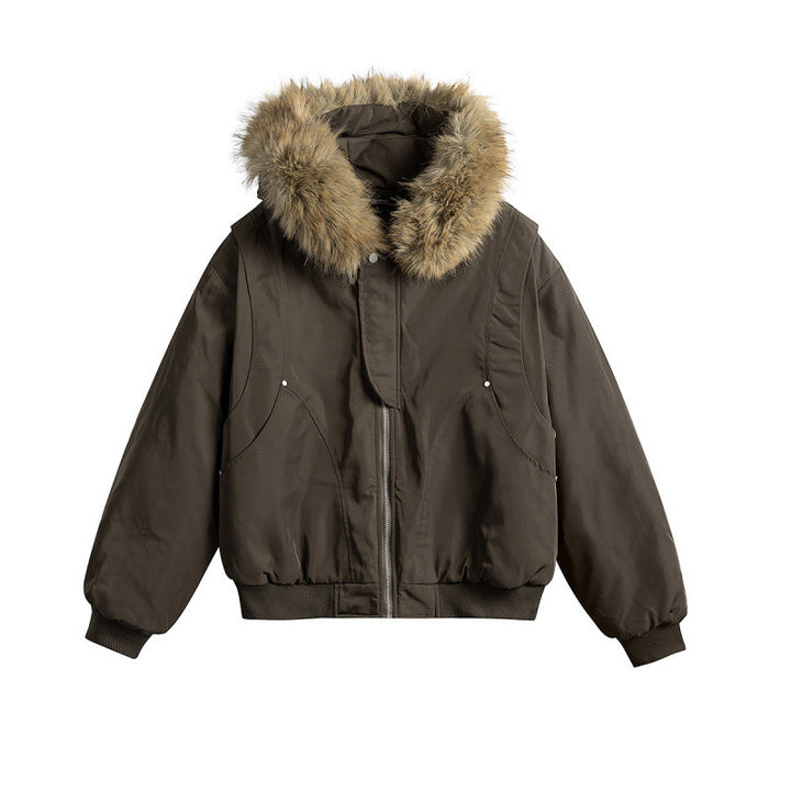 Women's short insulated field bomber jacket with hood and removable faux fur trim Mune Fashion