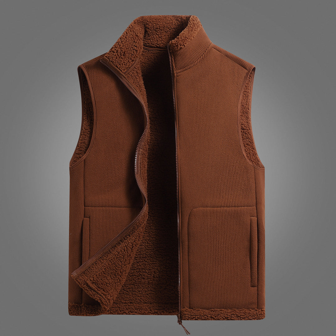 Unisex Sleeveless Fleece Vest with Teddy Lining Ribbed Structure and Stand-Up Collar Mune Fashion