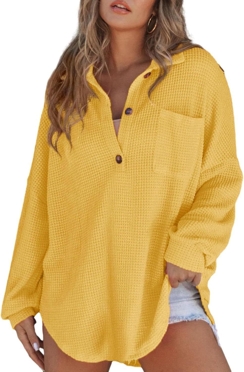Women's Oversize Waffle Knit Shirt Tunic with Chest Pocket and Wooden Buttons Mune Fashion
