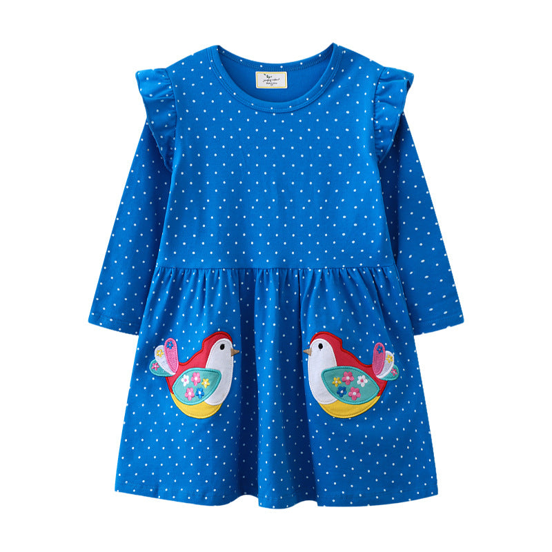 Girls cotton dress with playful bird appliqués Mune Fashion