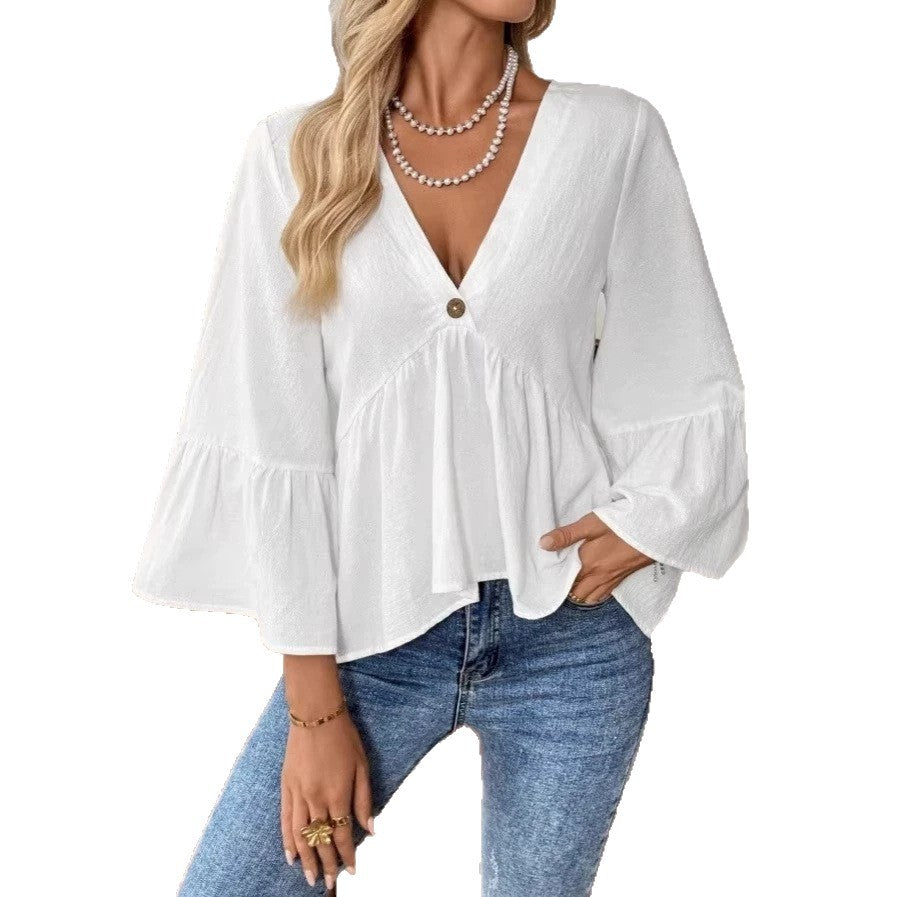 Women's elegant empire blouse with V-neck, gathered bust seam and bell sleeves Mune Fashion