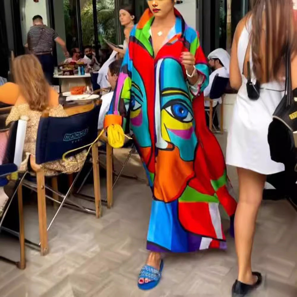 Women's oversized shirt kaftan with abstract portrait print and shirt collar Mune Fashion