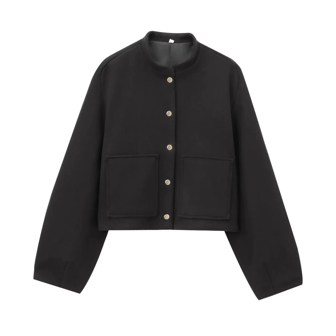 Women's Cropped Wool Boxy Jacket with Short Stand Collar and Patch Pockets Mune Fashion