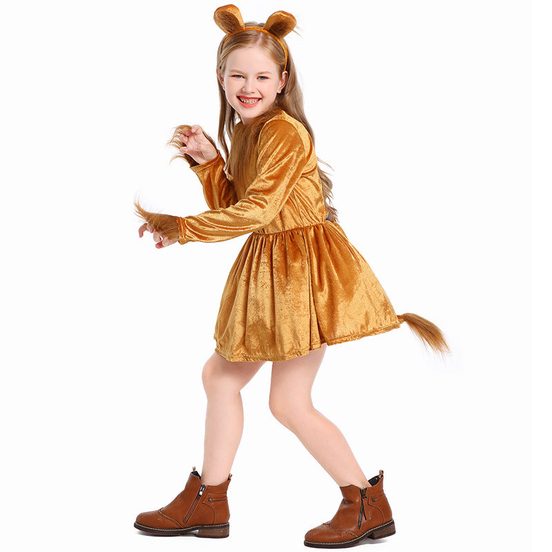 Girls Lion Costume with Fluffy Ear Accents and Swinging Skirt Mune Fashion