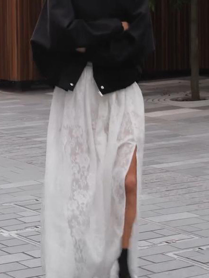 Women’s maxi skirt made of transparent lace with high slit and elastic waistband Mune Fashion