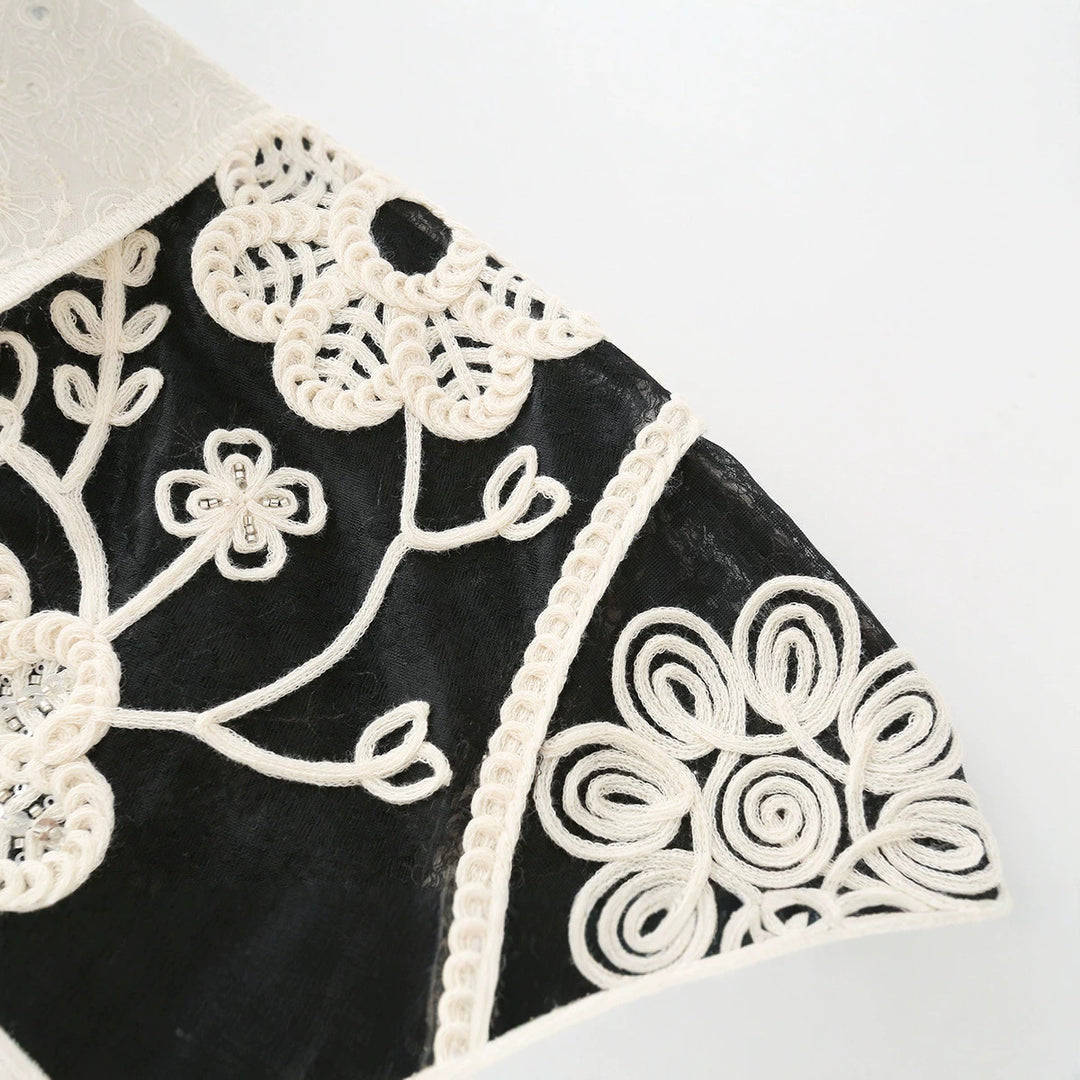 Women's Embroidered Lace Blouse with Crochet Appliqués and Shirt Collar Drune