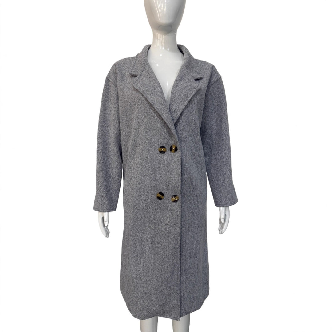 Women Long Wool Look Coat with Double-breasted Button Placket and Notched Collar Mune Fashion