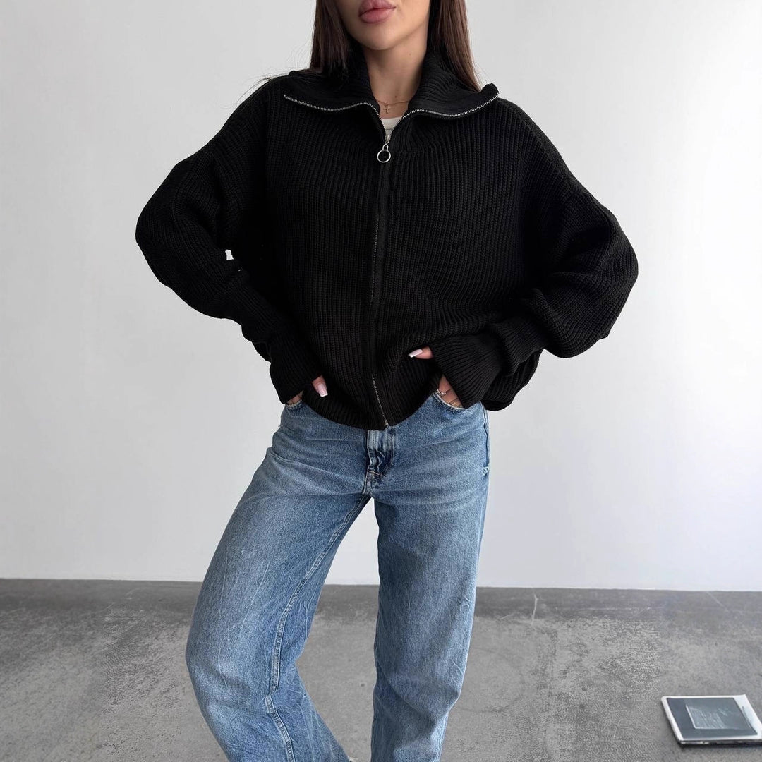Women Chunky Knit Zipper Cardigan with Balloon Sleeves and Stand-up Collar Mune Fashion