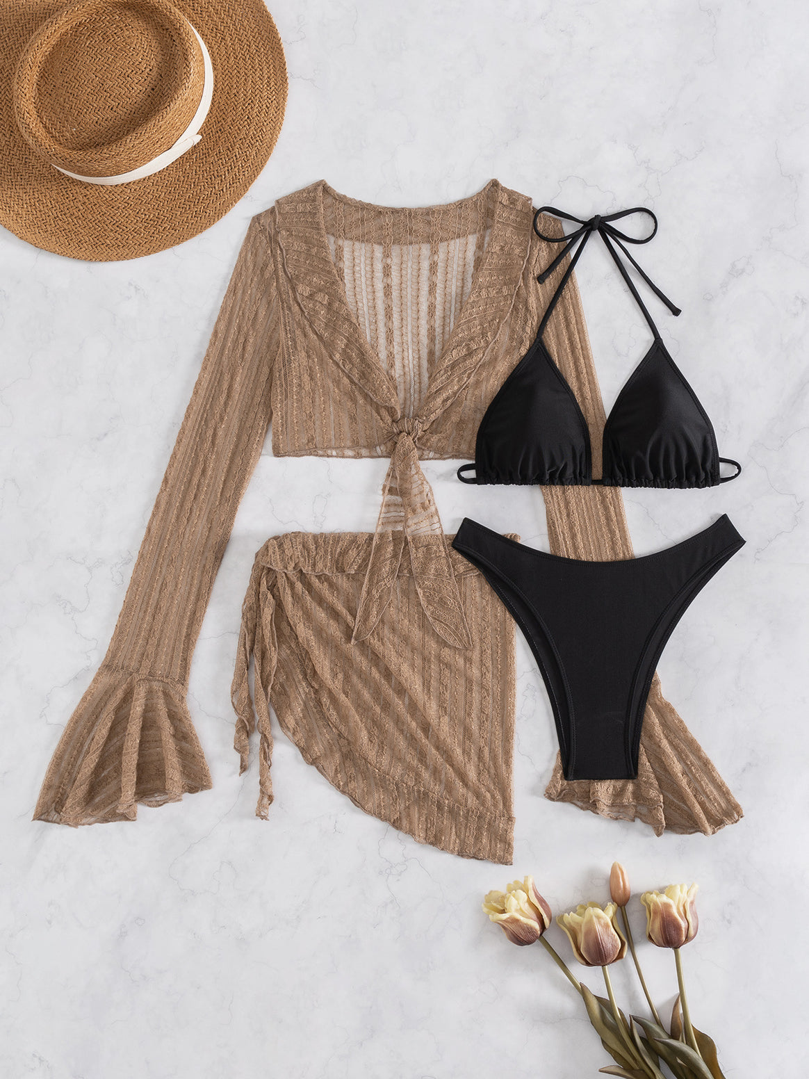 Women's Two-Piece Swimwear Set with Long-Sleeved Top and Playful Wrap Skirt Mune Fashion
