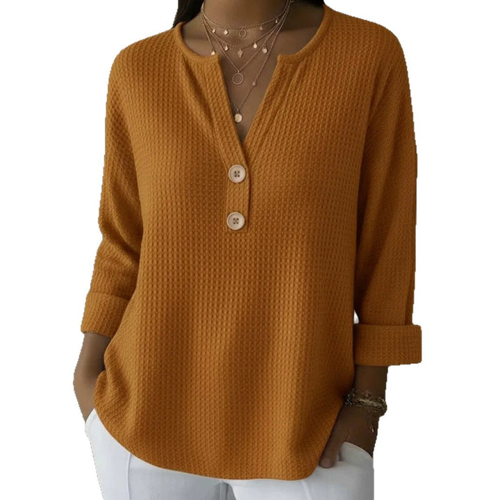 Women's waffle texture Henley shirt with V-neck, short button placket, and roll-up 3/4 sleeves Mune Fashion